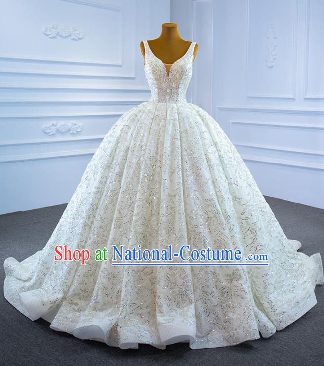 Custom Ceremony Embroidery Sequins Garment Marriage Bride White Trailing Full Dress Catwalks Formal Costume Compere Vintage Clothing Luxury Wedding Dress