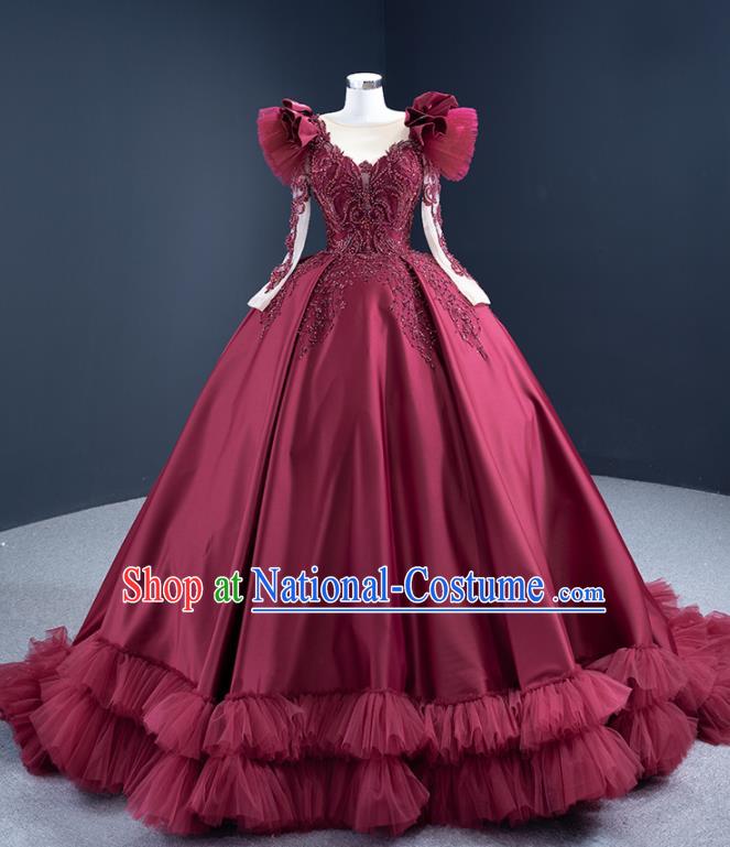 Custom Luxury Wedding Dress Ceremony Embroidery Sequins Garment Marriage Bride Wine Red Trailing Full Dress Catwalks Formal Costume Compere Vintage Clothing