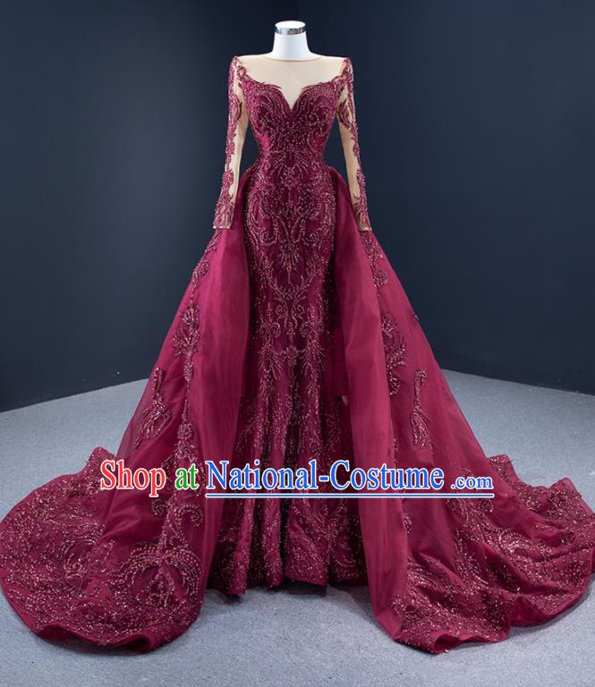 Custom Catwalks Formal Costume Compere Vintage Clothing Luxury Wedding Dress Ceremony Embroidery Sequins Garment Marriage Bride Wine Red Full Dress