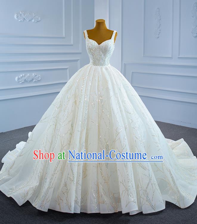 Custom Marriage Bride Full Dress Catwalks Formal Costume Compere Vintage Clothing Luxury White Trailing Wedding Dress Ceremony Embroidery Sequins Garment