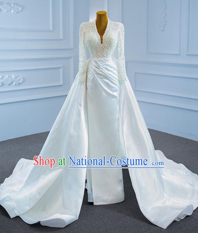 Custom Compere Embroidery Pearls Garment Marriage Bride Full Dress Catwalks Formal Costume Ceremony Vintage Clothing Luxury White Satin Trailing Wedding Dress