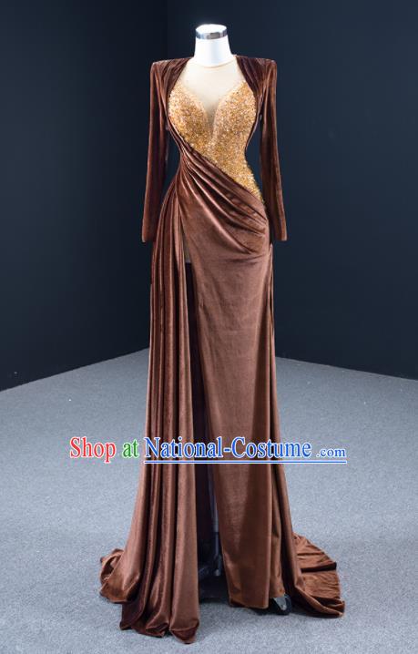 Custom Luxury Wedding Dress Compere Garment Marriage Bride Brown Fishtail Full Dress Catwalks Formal Costume Ceremony Vintage Clothing