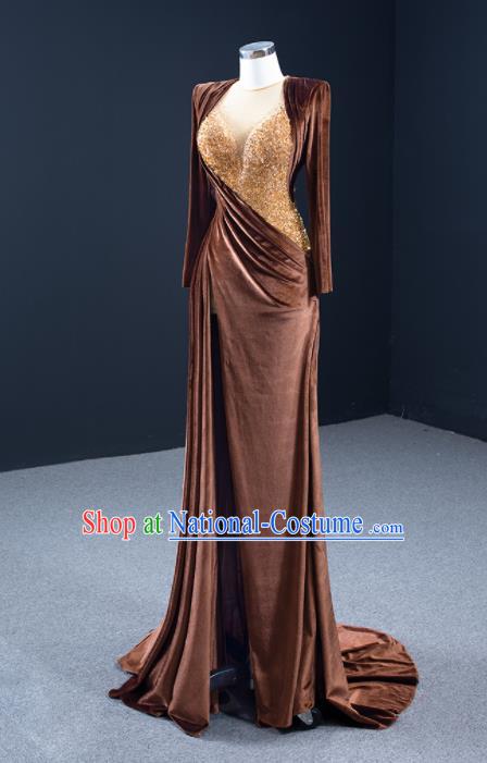 Custom Luxury Wedding Dress Compere Garment Marriage Bride Brown Fishtail Full Dress Catwalks Formal Costume Ceremony Vintage Clothing