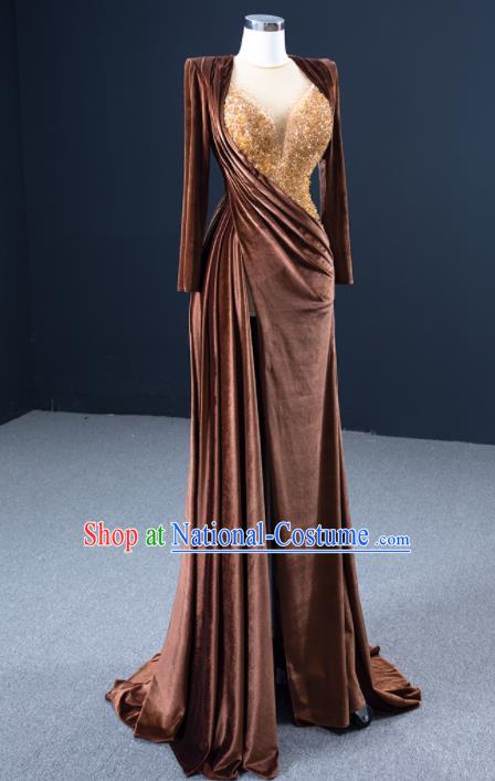 Custom Luxury Wedding Dress Compere Garment Marriage Bride Brown Fishtail Full Dress Catwalks Formal Costume Ceremony Vintage Clothing