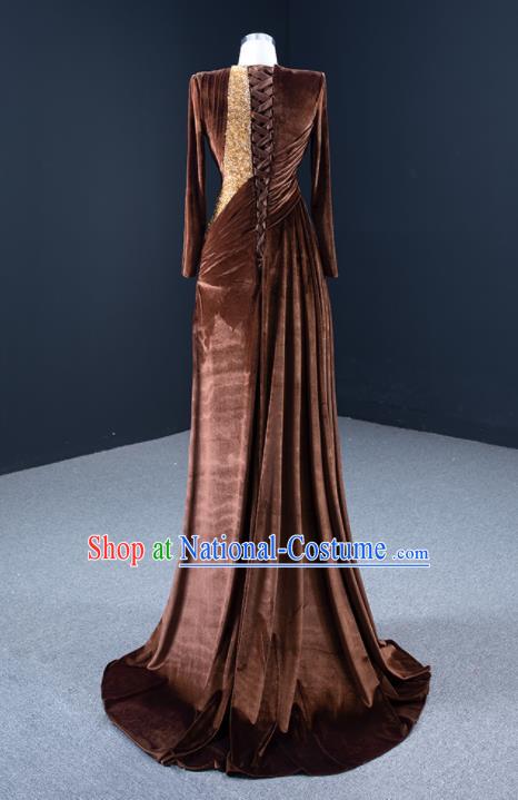 Custom Luxury Wedding Dress Compere Garment Marriage Bride Brown Fishtail Full Dress Catwalks Formal Costume Ceremony Vintage Clothing