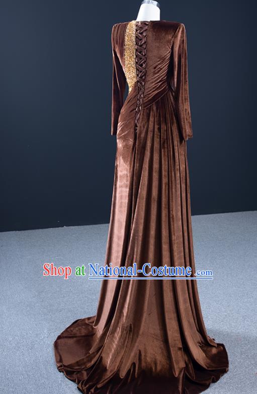 Custom Luxury Wedding Dress Compere Garment Marriage Bride Brown Fishtail Full Dress Catwalks Formal Costume Ceremony Vintage Clothing