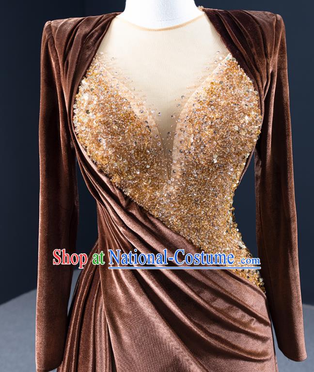 Custom Luxury Wedding Dress Compere Garment Marriage Bride Brown Fishtail Full Dress Catwalks Formal Costume Ceremony Vintage Clothing