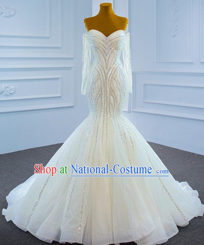 Custom Ceremony Vintage Clothing Luxury Wedding Dress Compere Garment Marriage Bride White Fishtail Full Dress Catwalks Formal Costume