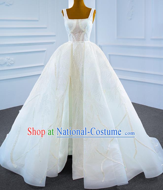 Custom Marriage Bride White Trailing Full Dress Catwalks Formal Costume Ceremony Vintage Clothing Luxury Wedding Dress Compere Garment