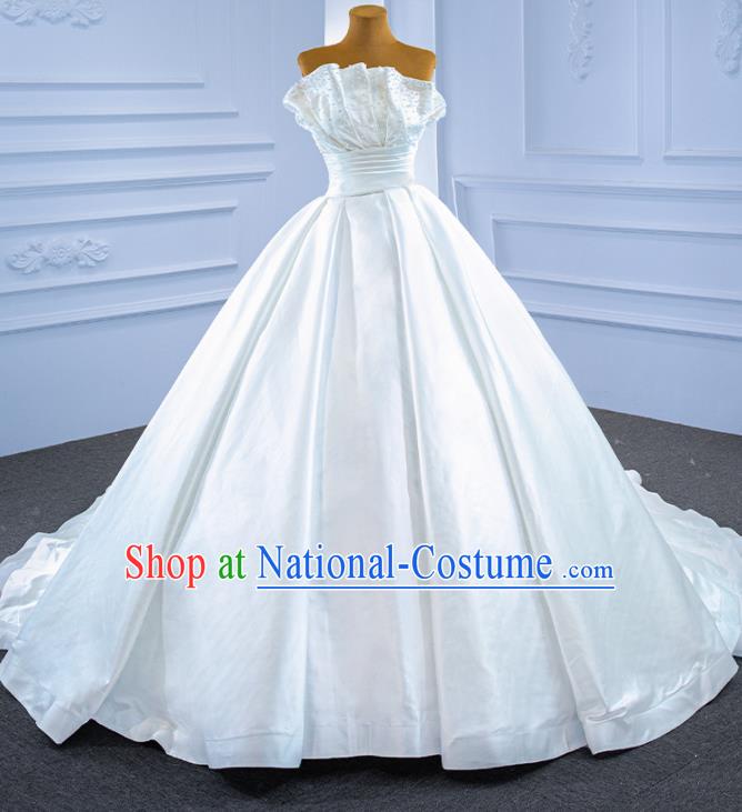 Custom Marriage Ceremony Formal Garment Bride Embroidery Pearls Full Dress Catwalks Costume Compere Stage Clothing Vintage Luxury White Satin Trailing Wedding Dress