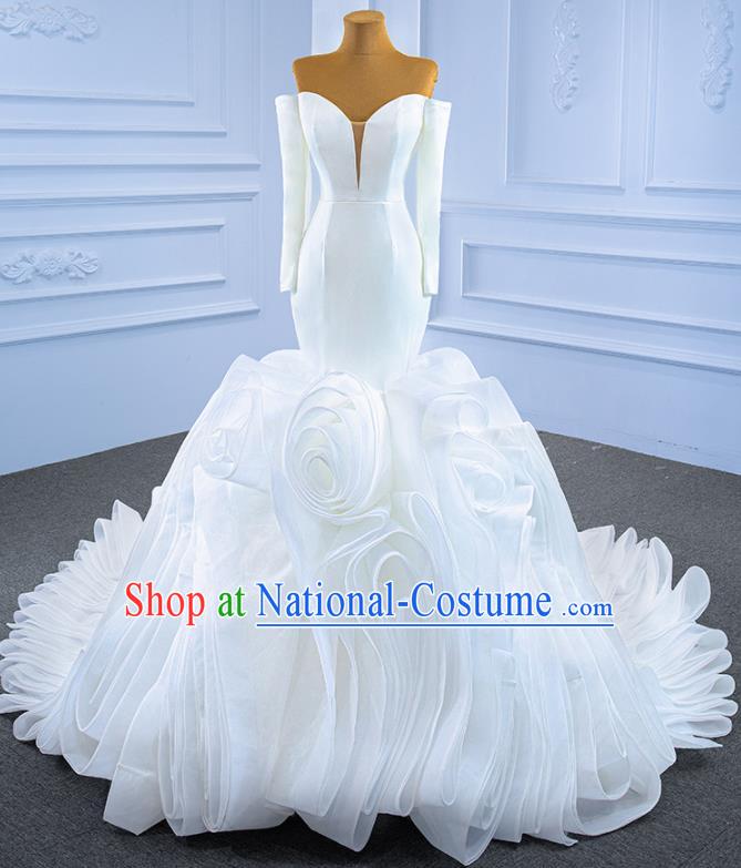 Custom Vintage Luxury White Flowers Trailing Wedding Dress Marriage Ceremony Formal Garment Bride Fishtail Full Dress Catwalks Costume Compere Stage Clothing