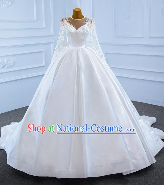 Custom Compere Formal Garment Marriage Bride Trailing Full Dress Catwalks Princess Costume Ceremony Vintage Clothing Luxury White Satin Wedding Dress