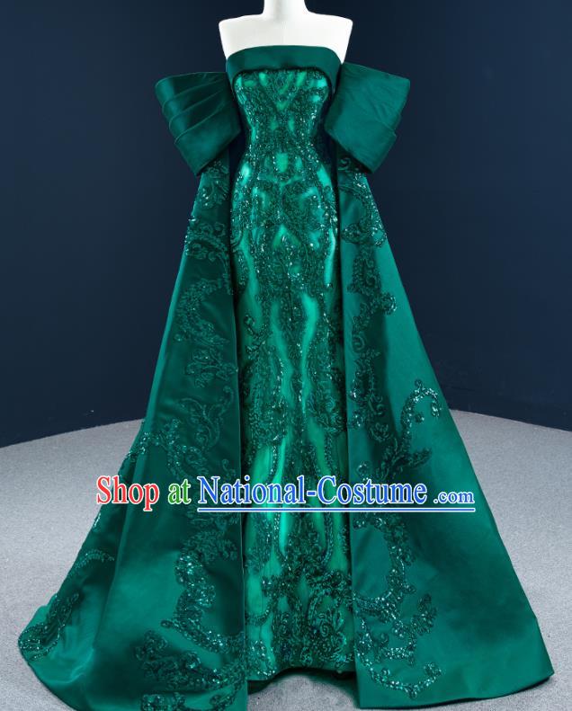 Custom Catwalks Princess Costume Ceremony Compere Clothing Luxury Embroidery Wedding Dress Vintage Formal Garment Marriage Bride Deep Green Full Dress