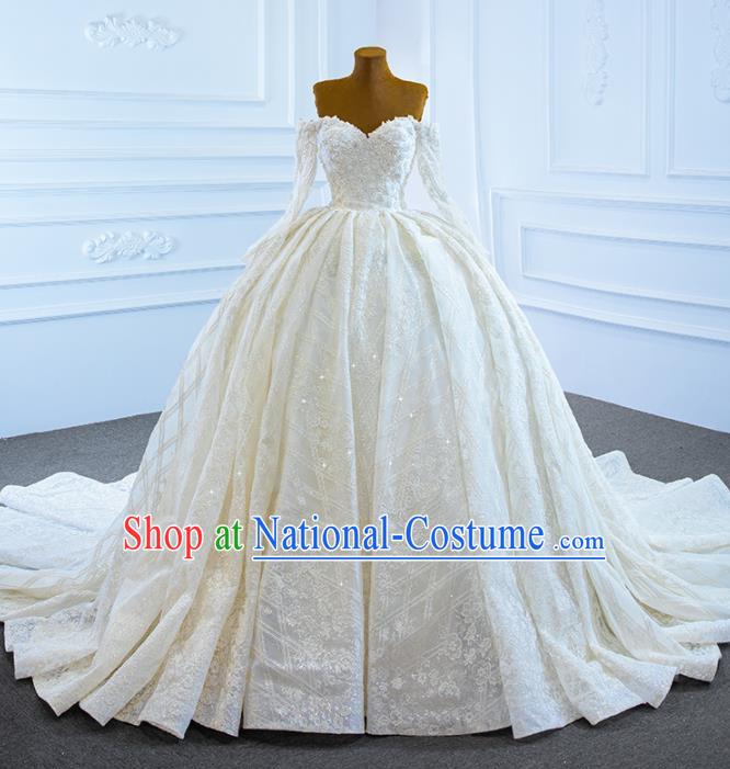 Custom Bride Beige Trailing Full Dress Catwalks Princess Costume Ceremony Compere Clothing Luxury Embroidery Pearls Wedding Dress Vintage Formal Garment