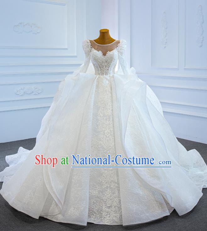 Custom Vintage Formal Garment Bride Trailing Full Dress Catwalks Princess Costume Ceremony Compere Clothing Luxury Embroidery White Lace Wedding Dress