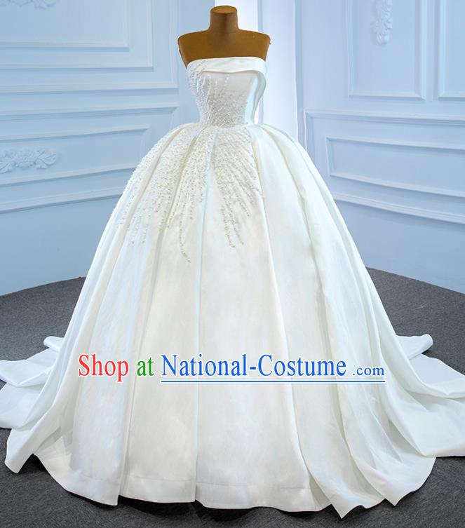 Custom Bride Embroidery Pearls Full Dress Catwalks Princess Costume Ceremony Compere Clothing Luxury White Satin Wedding Dress Vintage Formal Garment