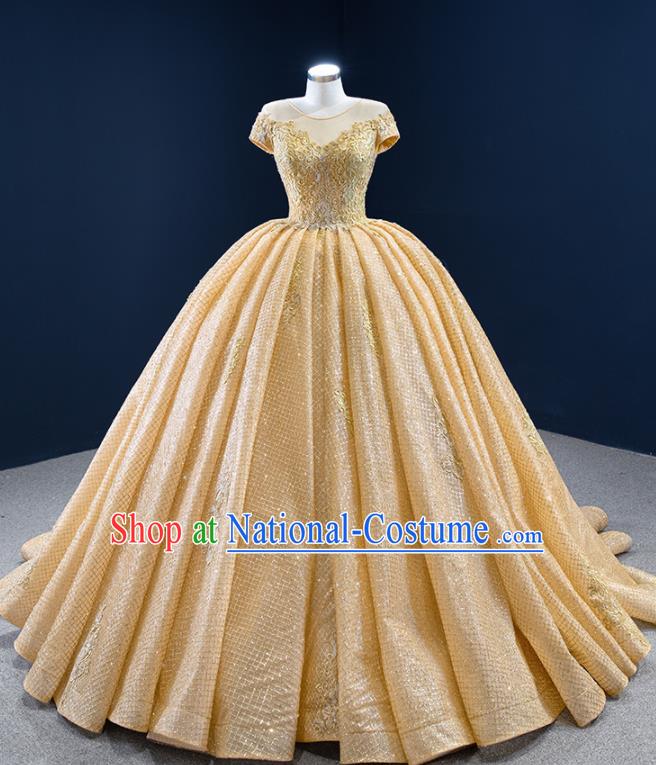 Custom Catwalks Princess Costume Ceremony Compere Clothing Luxury Trailing Wedding Dress Vintage Formal Garment Bride Embroidery Yellow Full Dress