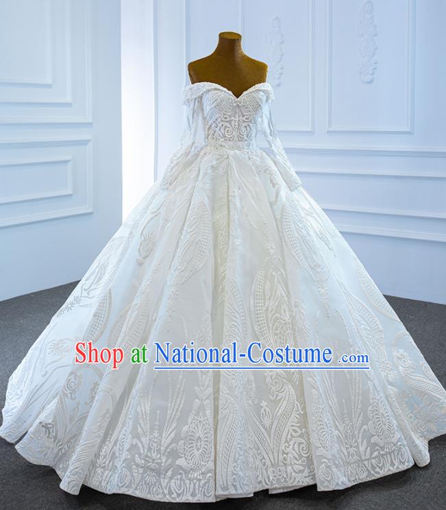 Custom Bride Embroidery Pearls Full Dress Catwalks Princess Costume Ceremony Compere Clothing Luxury Off Shoulder Wedding Dress Vintage Formal Garment