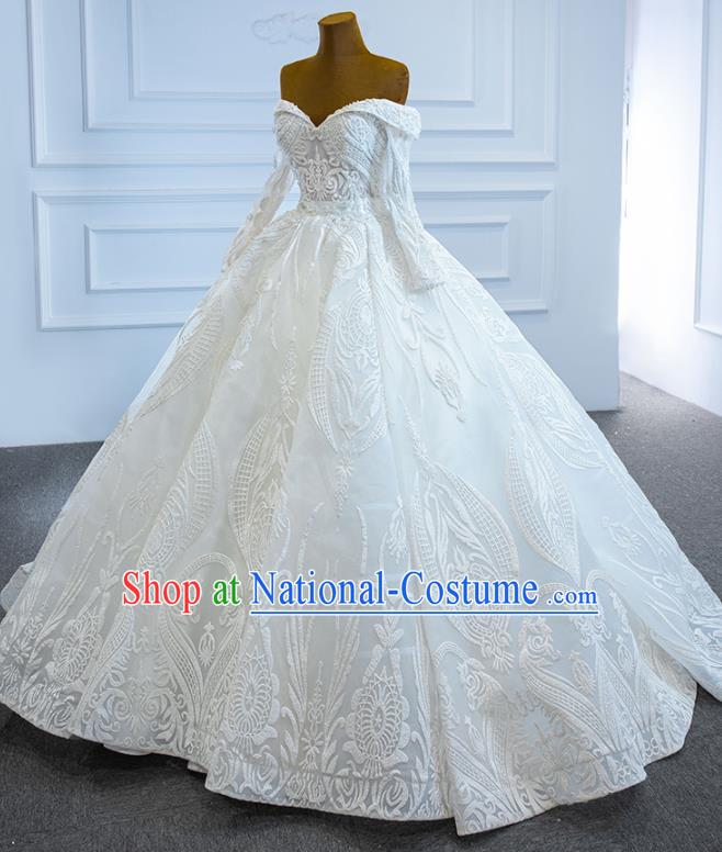 Custom Bride Embroidery Pearls Full Dress Catwalks Princess Costume Ceremony Compere Clothing Luxury Off Shoulder Wedding Dress Vintage Formal Garment