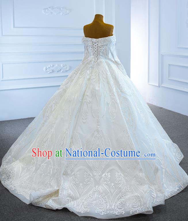 Custom Bride Embroidery Pearls Full Dress Catwalks Princess Costume Ceremony Compere Clothing Luxury Off Shoulder Wedding Dress Vintage Formal Garment