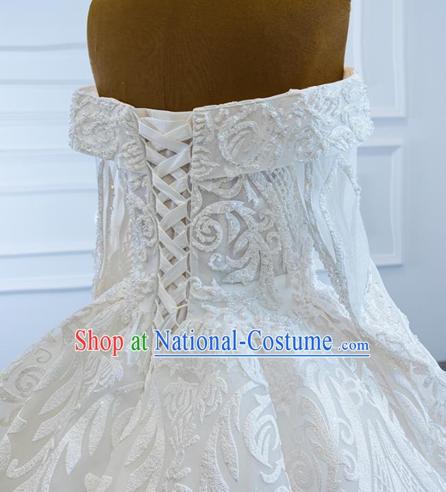 Custom Bride Embroidery Pearls Full Dress Catwalks Princess Costume Ceremony Compere Clothing Luxury Off Shoulder Wedding Dress Vintage Formal Garment