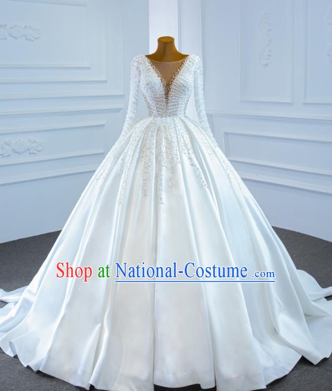 Custom Embroidery Pearls Full Dress Catwalks Princess Costume Ceremony Bride Clothing Vintage Wedding Dress Luxury Trailing Formal Garment