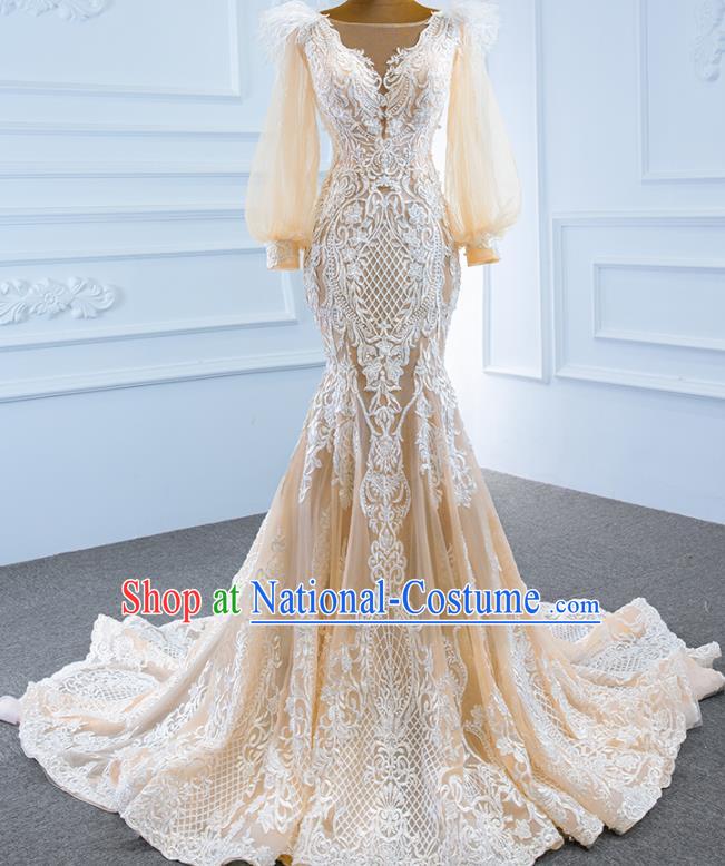 Custom Luxury Trailing Formal Garment Embroidery Lace Full Dress Catwalks Princess Costume Ceremony Bride Clothing Vintage Champagne Wedding Dress