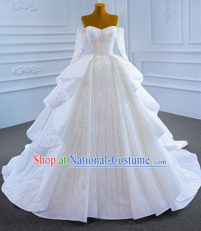 Custom Compere Embroidery Sequins Garment Marriage Bride White Trailing Full Dress Catwalks Formal Costume Ceremony Vintage Clothing Luxury Wedding Dress