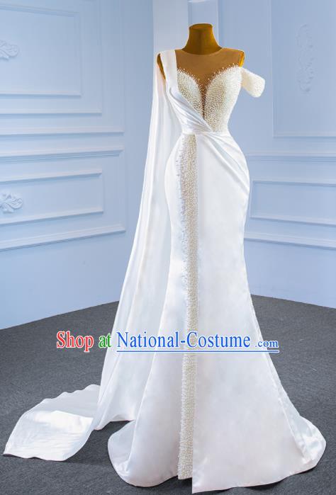 Custom Ceremony Vintage Clothing Luxury Fishtail Wedding Dress Compere Embroidery Pearls Garment Marriage Bride White Satin Full Dress Catwalks Formal Costume