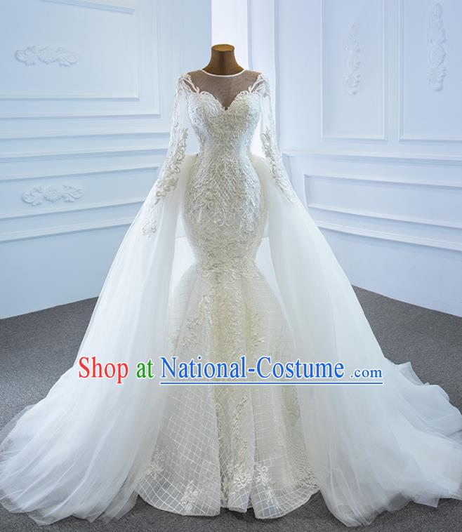 Custom Compere Fishtail Full Dress Catwalks Princess Costume Marriage Bride Clothing Vintage Embroidery Wedding Dress Luxury Formal Garment