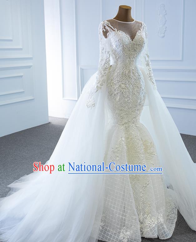 Custom Compere Fishtail Full Dress Catwalks Princess Costume Marriage Bride Clothing Vintage Embroidery Wedding Dress Luxury Formal Garment