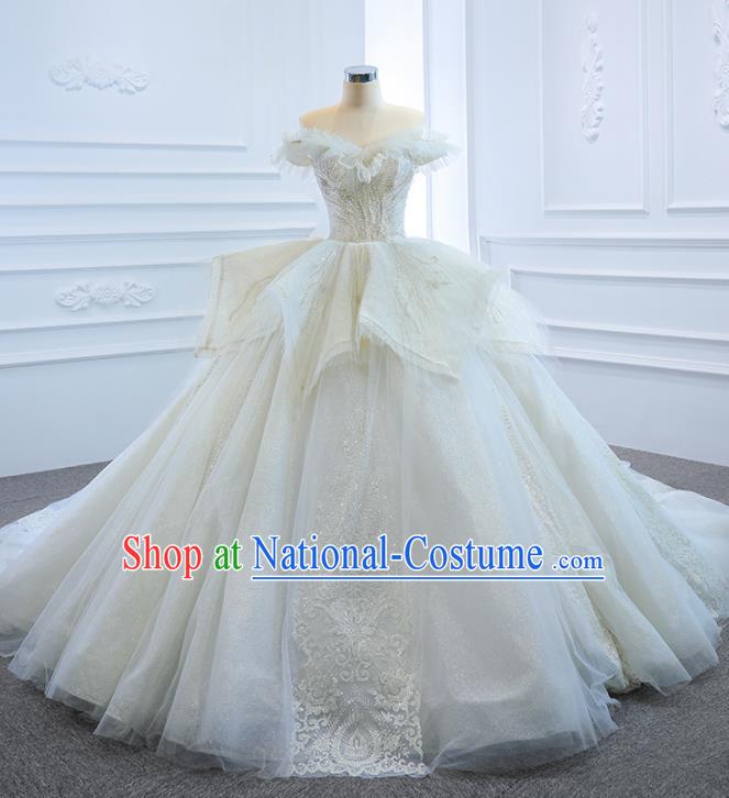 Custom Compere Trailing Full Dress Catwalks Princess Costume Marriage Bride Clothing Vintage White Wedding Dress Luxury Embroidery Pearls Formal Garment