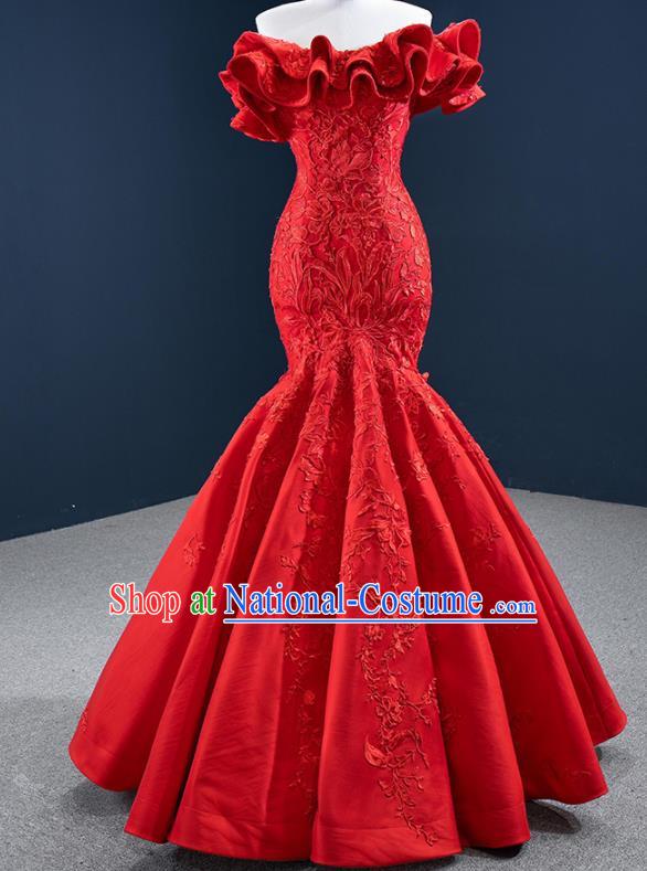 Custom Vintage Bride Clothing Wedding Dress Marriage Embroidery Formal Garment Compere Luxury Red Fishtail Full Dress Catwalks Princess Costume