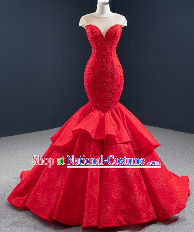 Custom Compere Luxury Red Fishtail Full Dress Catwalks Princess Costume Vintage Bride Clothing Wedding Dress Marriage Embroidery Formal Garment