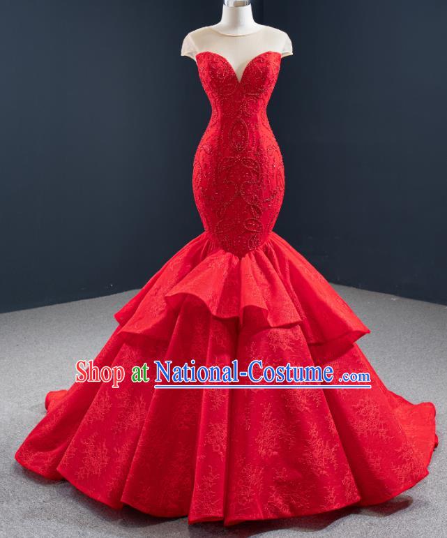 Custom Vintage Wedding Dress Marriage Embroidery Formal Garment Compere Luxury Red Fishtail Full Dress Catwalks Princess Costume Bride Clothing