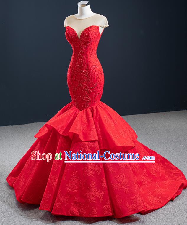 Custom Vintage Wedding Dress Marriage Embroidery Formal Garment Compere Luxury Red Fishtail Full Dress Catwalks Princess Costume Bride Clothing