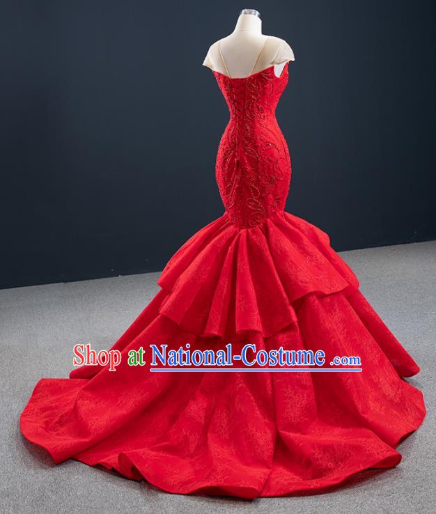 Custom Vintage Wedding Dress Marriage Embroidery Formal Garment Compere Luxury Red Fishtail Full Dress Catwalks Princess Costume Bride Clothing