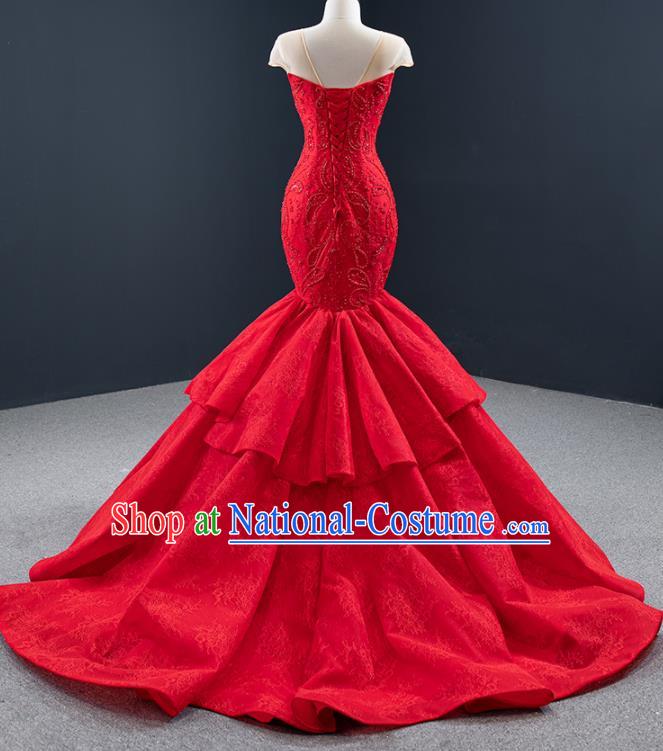 Custom Vintage Wedding Dress Marriage Embroidery Formal Garment Compere Luxury Red Fishtail Full Dress Catwalks Princess Costume Bride Clothing