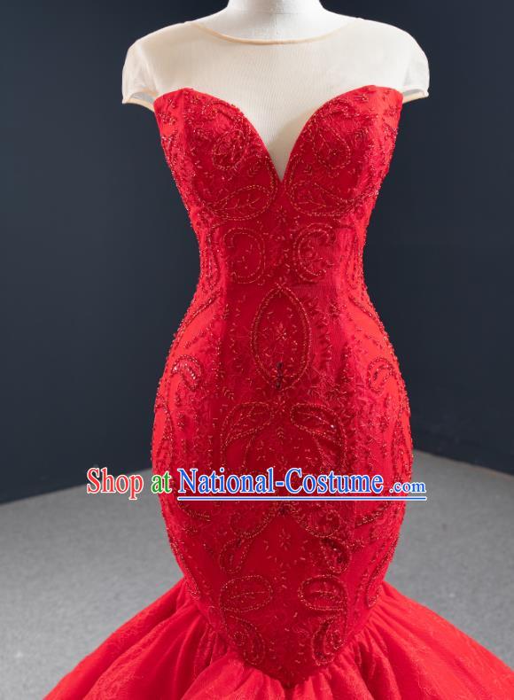 Custom Vintage Wedding Dress Marriage Embroidery Formal Garment Compere Luxury Red Fishtail Full Dress Catwalks Princess Costume Bride Clothing