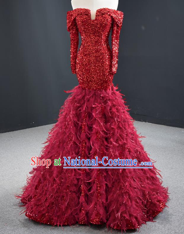 Custom Compere Luxury Wine Red Feather Full Dress Catwalks Princess Costume Bride Clothing Vintage Fishtail Wedding Dress Marriage Formal Garment