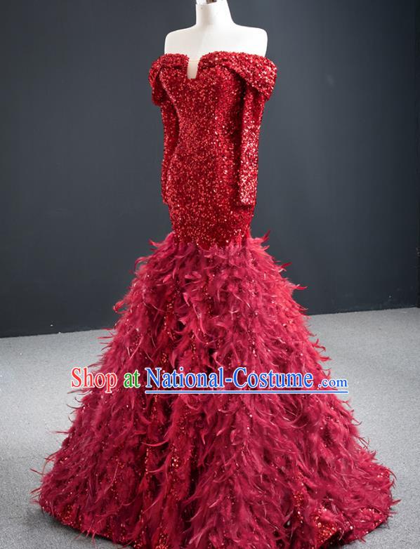 Custom Compere Luxury Wine Red Feather Full Dress Catwalks Princess Costume Bride Clothing Vintage Fishtail Wedding Dress Marriage Formal Garment