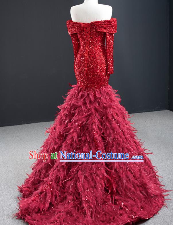 Custom Compere Luxury Wine Red Feather Full Dress Catwalks Princess Costume Bride Clothing Vintage Fishtail Wedding Dress Marriage Formal Garment