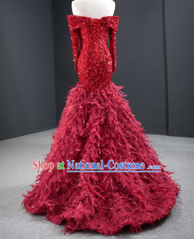 Custom Compere Luxury Wine Red Feather Full Dress Catwalks Princess Costume Bride Clothing Vintage Fishtail Wedding Dress Marriage Formal Garment