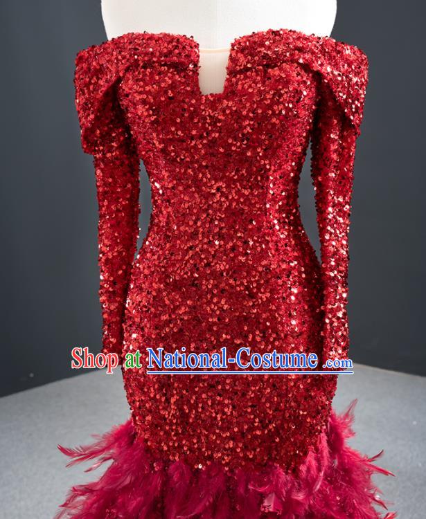 Custom Compere Luxury Wine Red Feather Full Dress Catwalks Princess Costume Bride Clothing Vintage Fishtail Wedding Dress Marriage Formal Garment