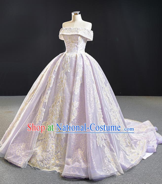 Custom Vintage Embroidery Lace Wedding Dress Marriage Formal Garment Compere Luxury Lilac Trailing Full Dress Catwalks Princess Costume Bride Clothing