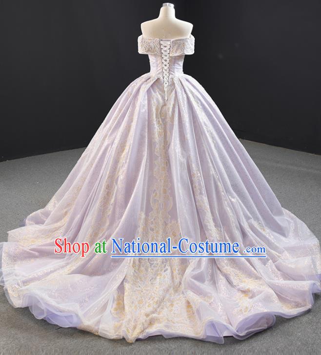 Custom Vintage Embroidery Lace Wedding Dress Marriage Formal Garment Compere Luxury Lilac Trailing Full Dress Catwalks Princess Costume Bride Clothing