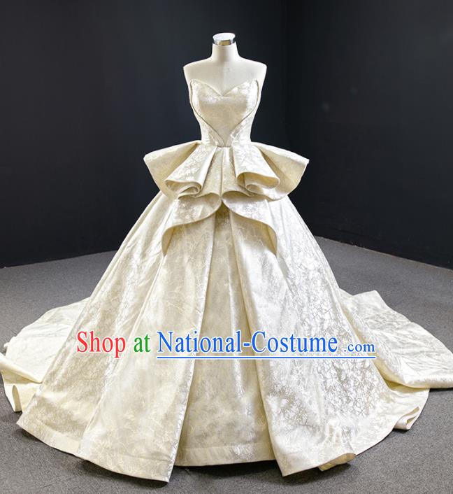 Custom Vintage Bride Clothing Champagne Satin Wedding Dress Compere Formal Garment Marriage Luxury Trailing Full Dress Catwalks Princess Costume