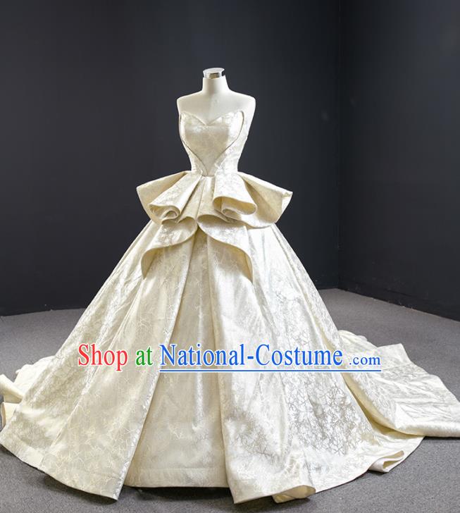 Custom Vintage Bride Clothing Champagne Satin Wedding Dress Compere Formal Garment Marriage Luxury Trailing Full Dress Catwalks Princess Costume