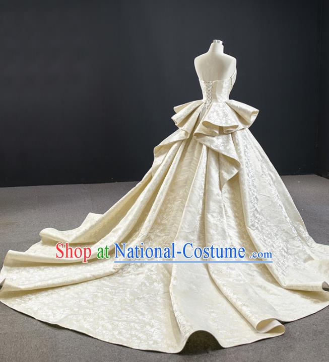 Custom Vintage Bride Clothing Champagne Satin Wedding Dress Compere Formal Garment Marriage Luxury Trailing Full Dress Catwalks Princess Costume