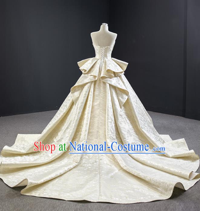 Custom Vintage Bride Clothing Champagne Satin Wedding Dress Compere Formal Garment Marriage Luxury Trailing Full Dress Catwalks Princess Costume